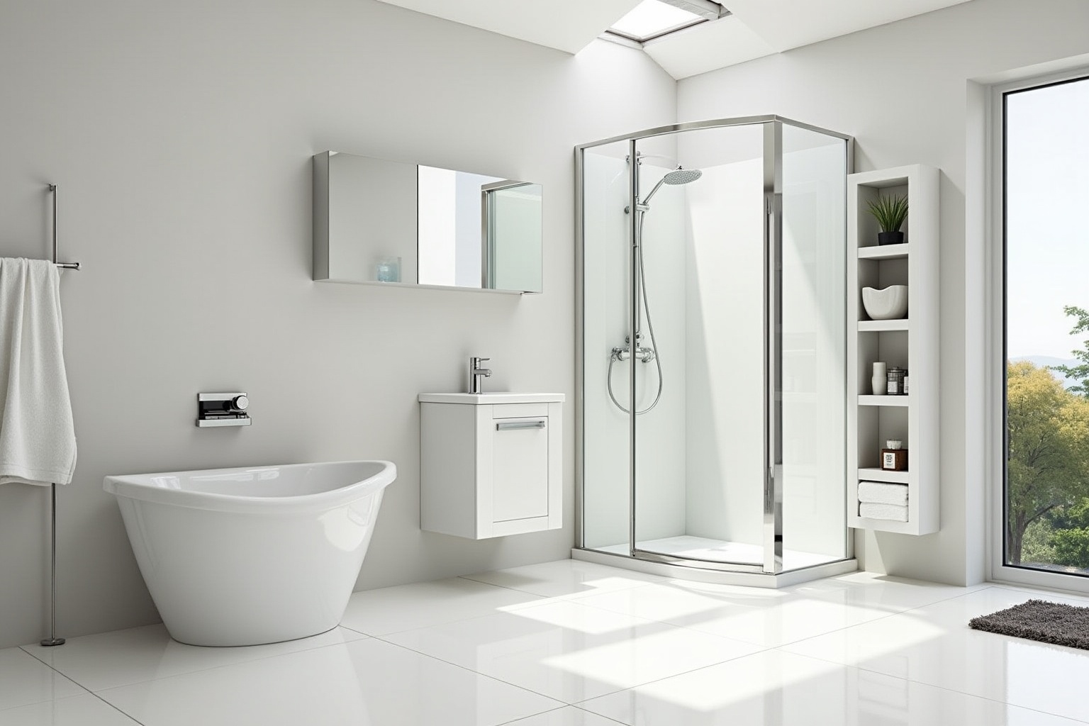 Salle de bain moderne avec baignoire et douche vitrée.