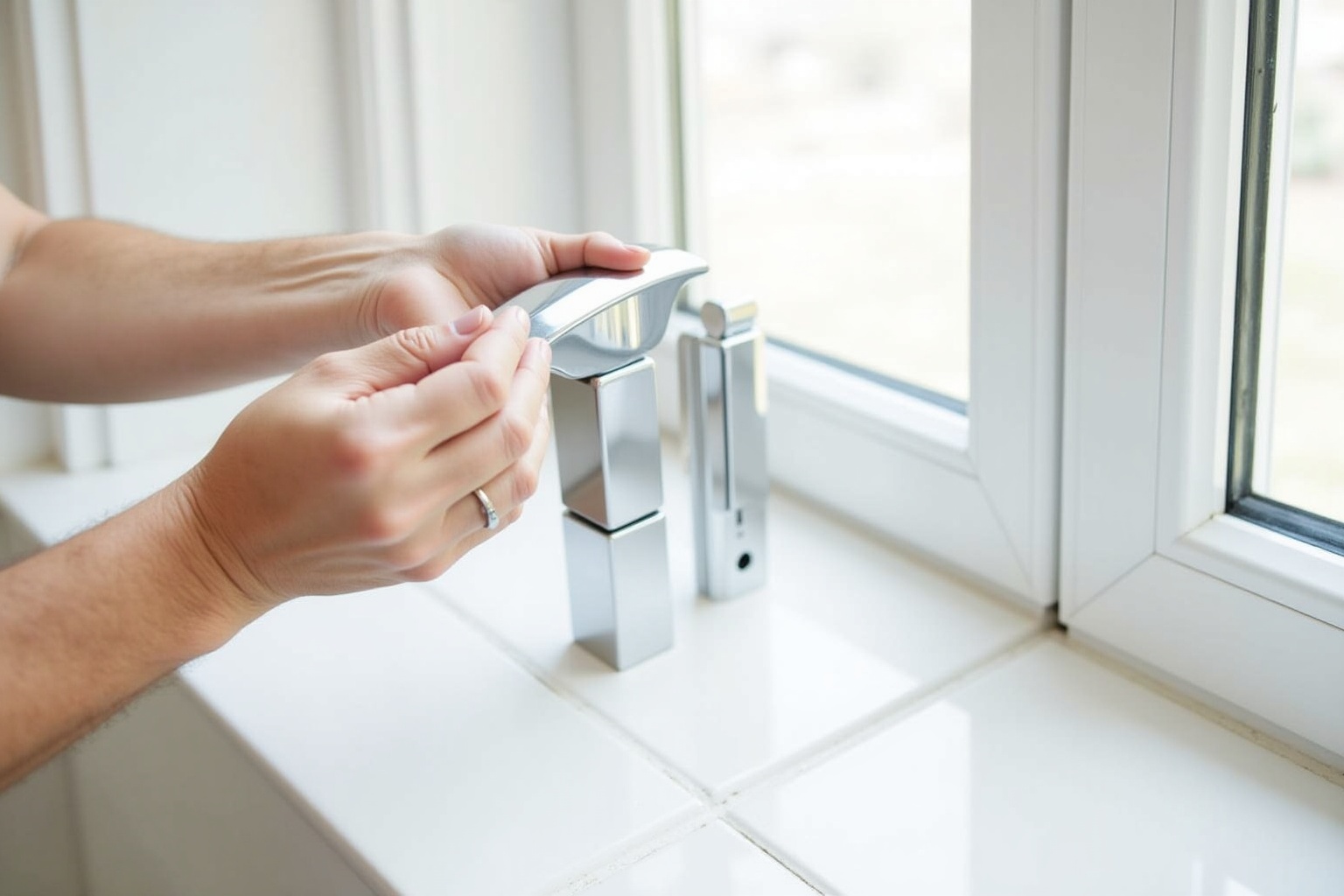 Mains tenant un robinet de lavabo en métal chromé près d'une fenêtre.