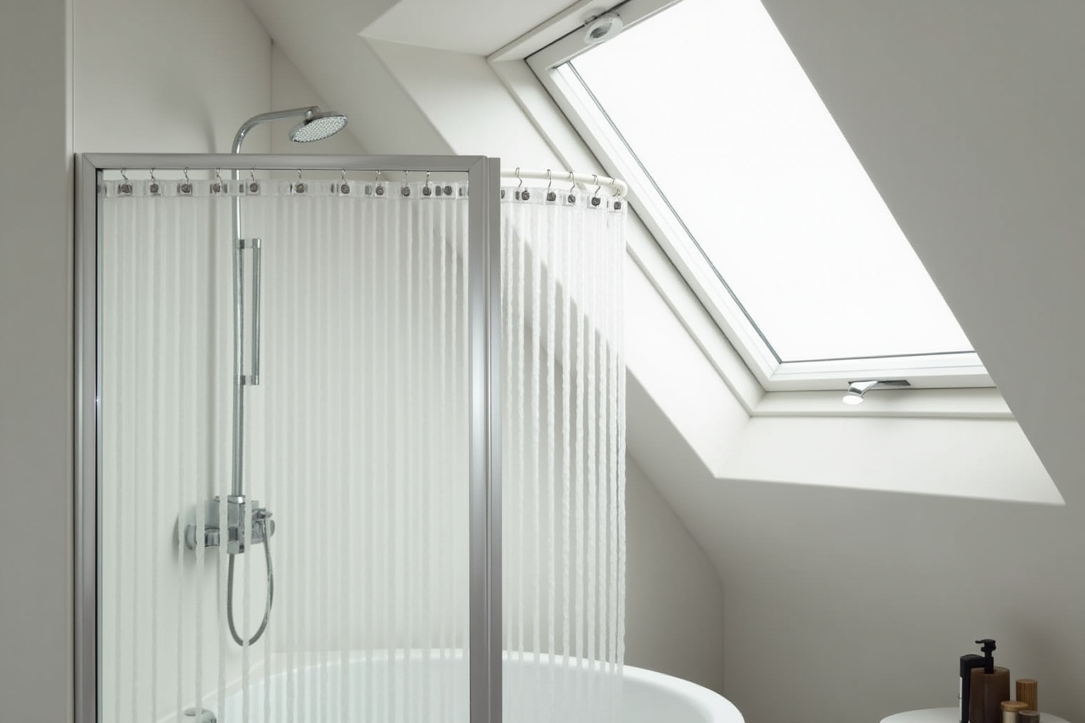 Salle de bain avec douche à l'italienne sous fenêtre de toit.