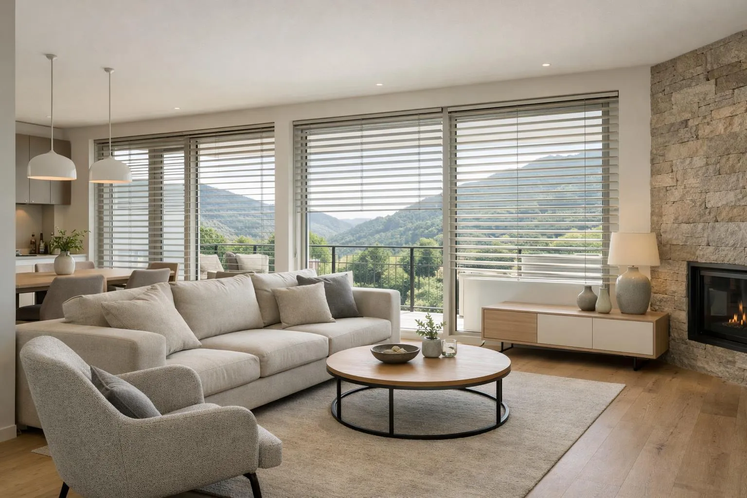 Salon moderne avec vue panoramique sur la montagne.