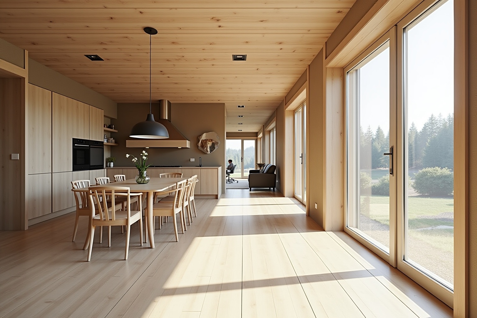 Intérieur boisé, spacieux, lumineux, avec vue sur la nature.