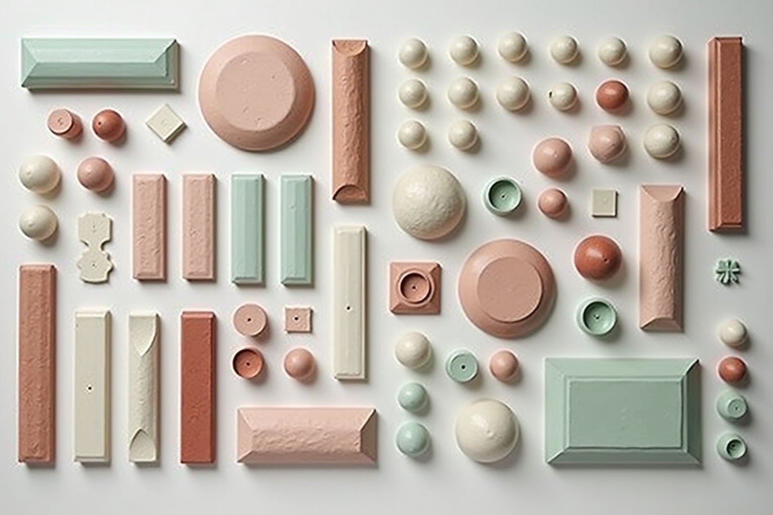 Formes géométriques en céramique dans des tons pastel.