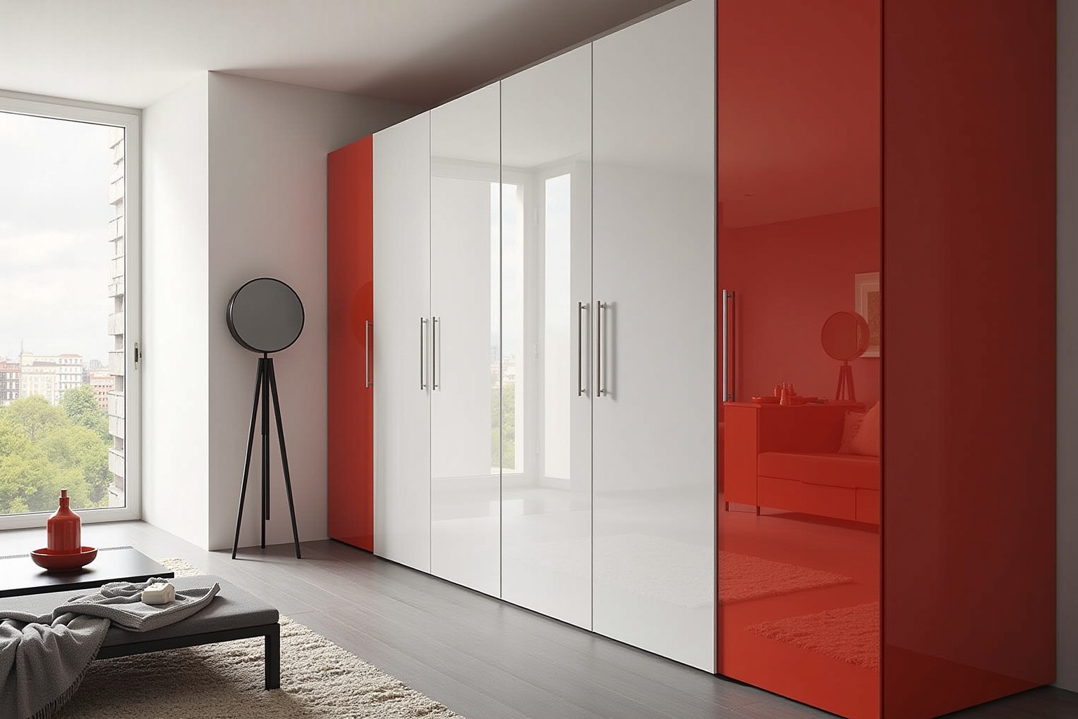 Armoire moderne blanche et rouge dans une chambre spacieuse.