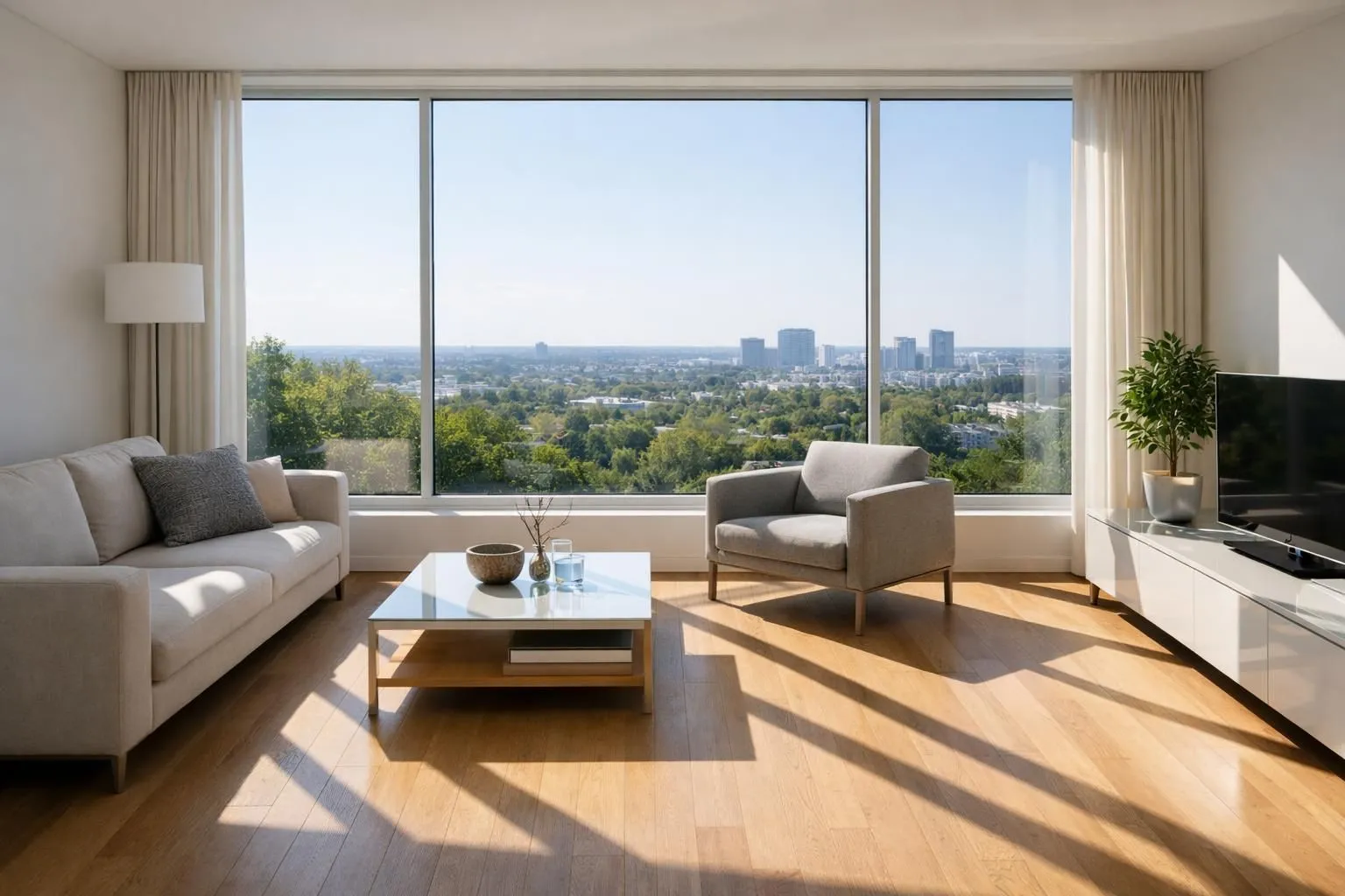 Salon suisse moderne avec de grandes fenêtres du sol au plafond laissant entrer une lumière solaire intense, créant des ombres dramatiques sur le parquet en bois, soulignant le besoin de solutions de protection solaire, la lumière naturelle vive provoquant des reflets sur les meubles.