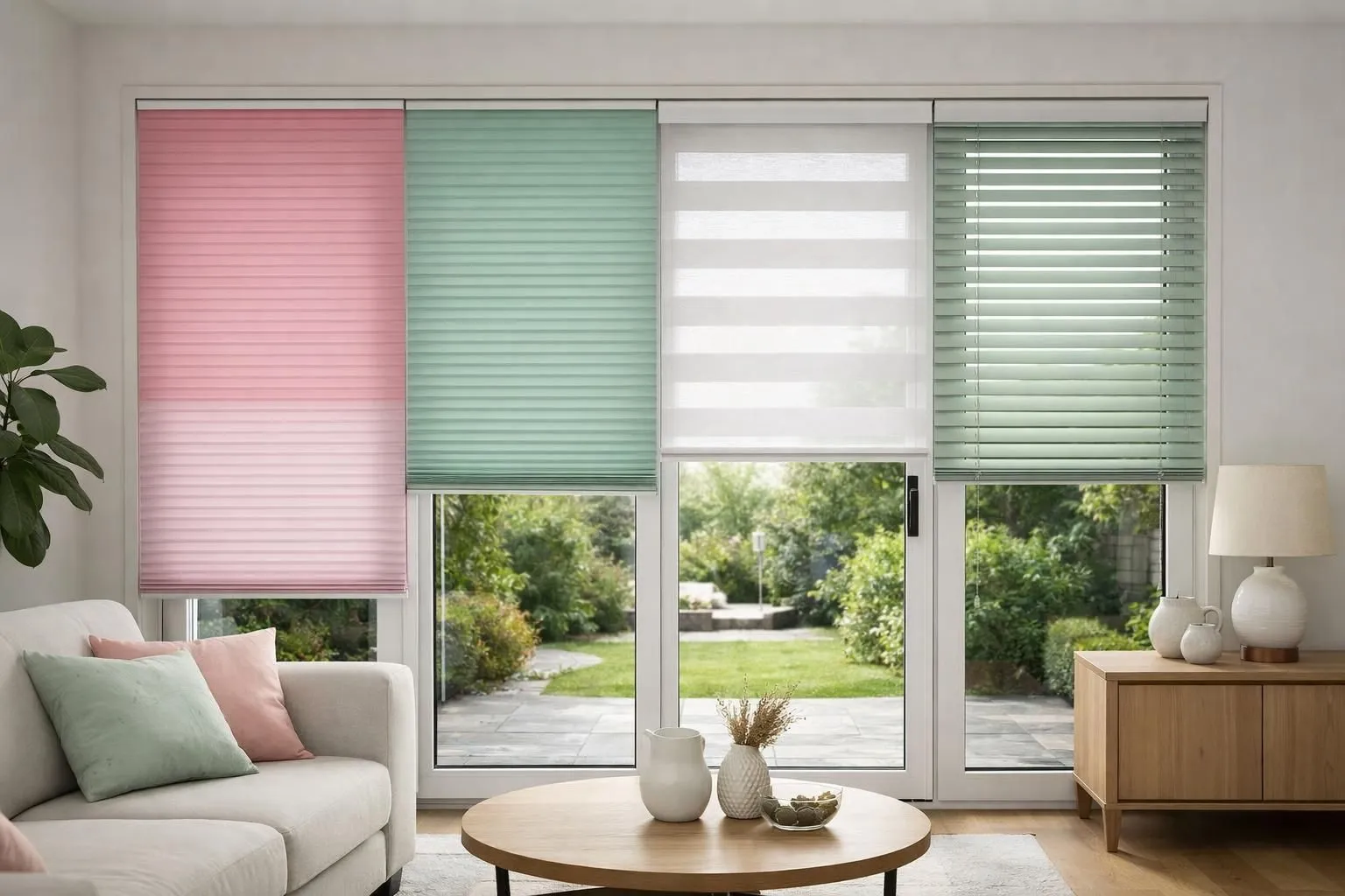 Salon moderne dans une maison suisse avec de grandes baies vitrées du sol au plafond montrant cinq types différents de revêtements de fenêtre installés côte à côte : stores verticaux, stores enrouleurs, panneaux japonais, stores plissés et stores californiens, lumière naturelle, intérieur