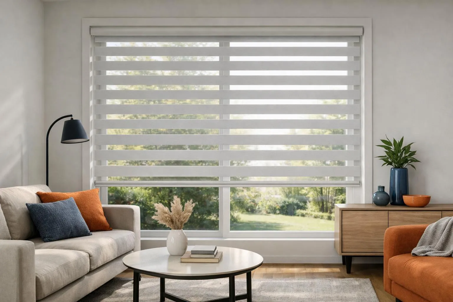 Close-up view of a modern day-night roller blind installed on a residential window, showing the alternating horizontal bands of transparent and opaque white fabric in a bright living room with natural daylight streaming through, elegant minimalist interior design
