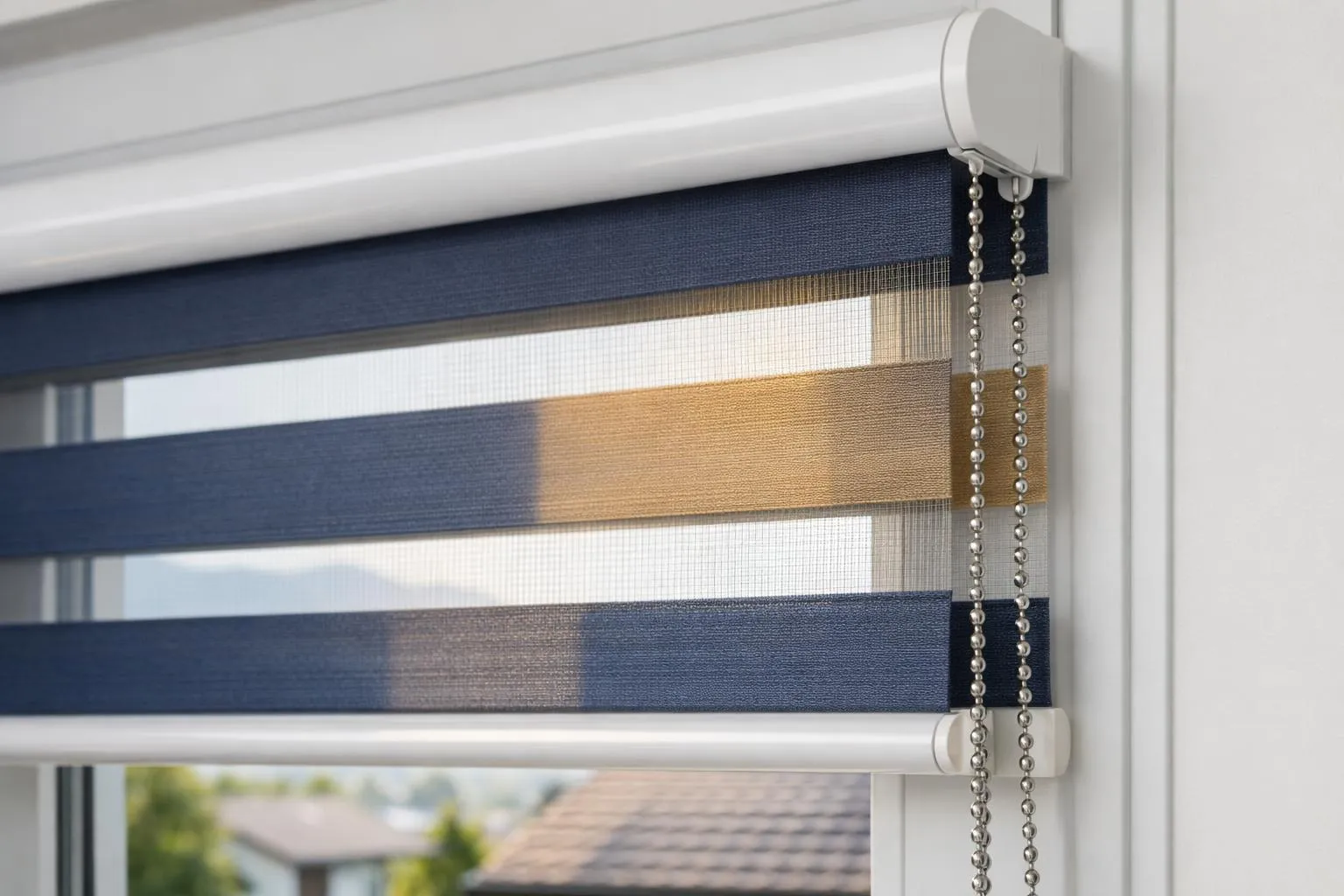 Close-up view of a day-night blind mechanism showing overlapping fabric bands creating different light filtering levels, installed on a modern Swiss home window with adjustment chain visible