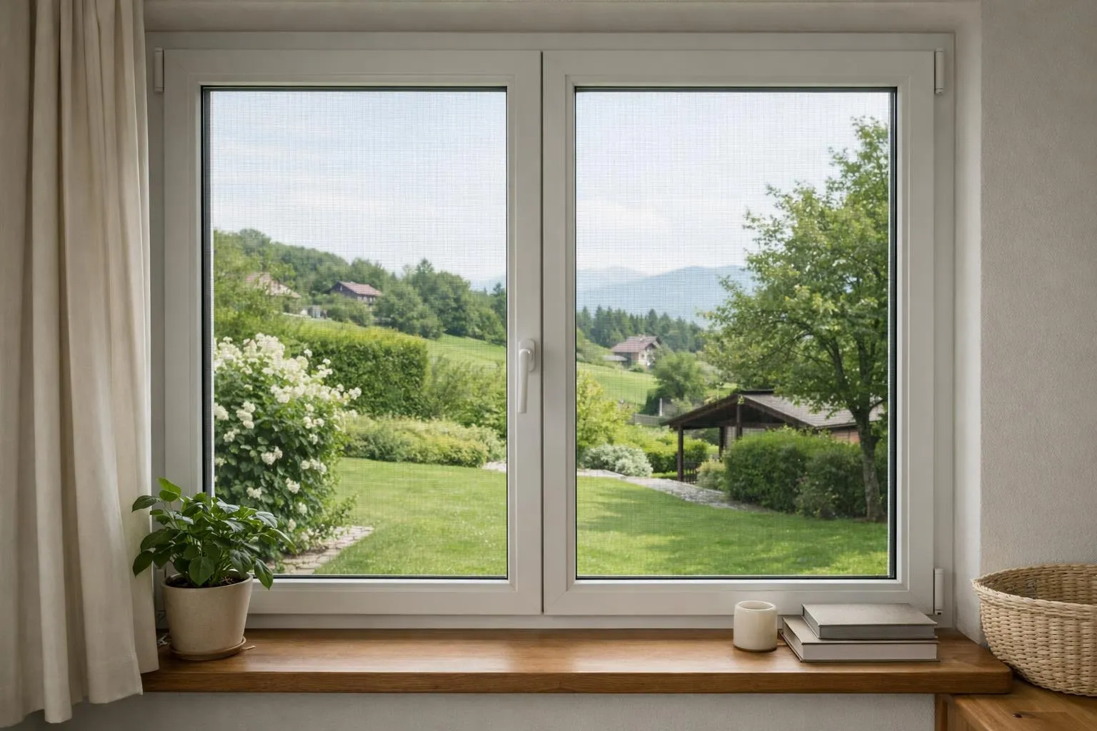 Fenêtre panoramique sur un paysage verdoyant de montagnes et de forêts.