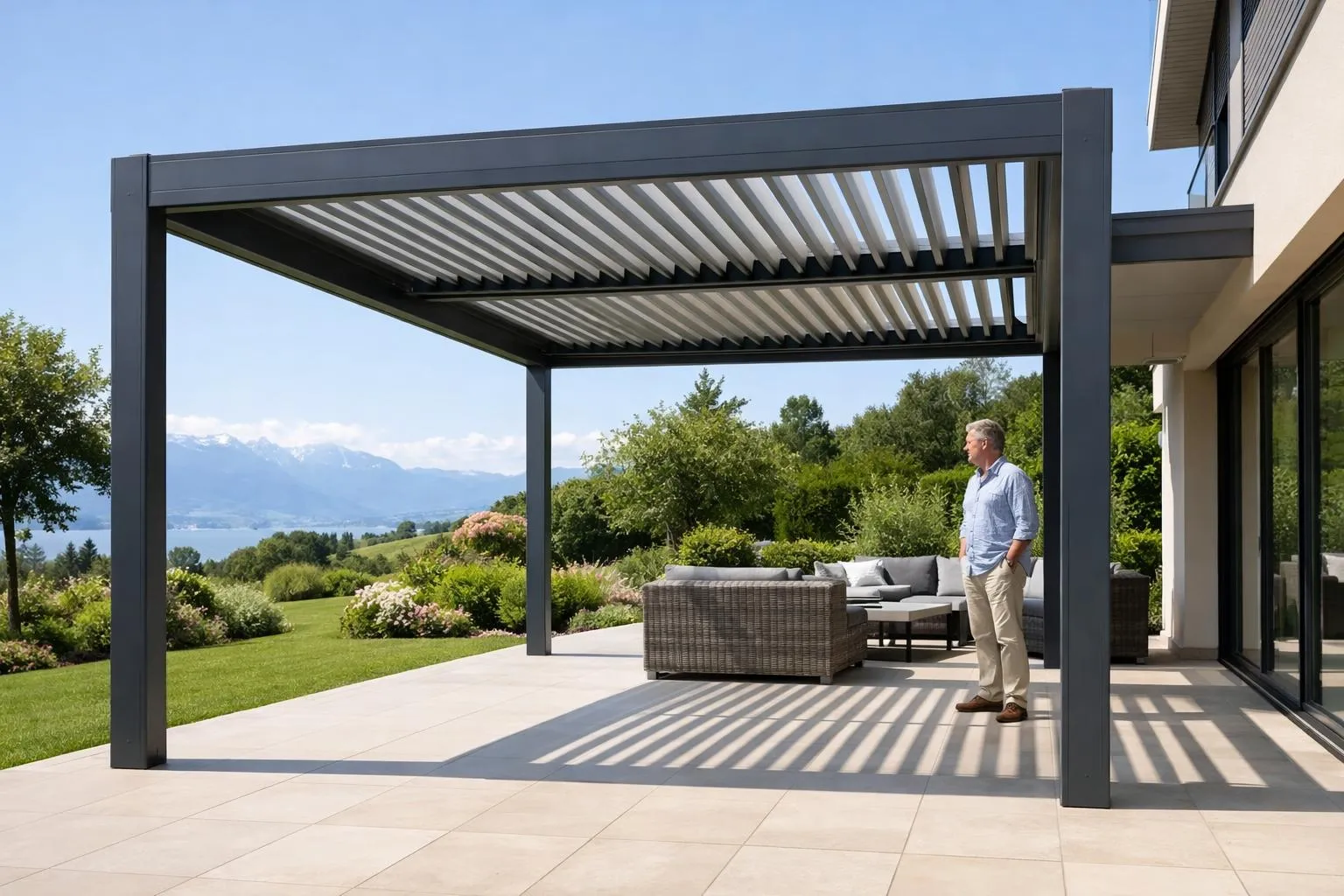 Terrasse couverte avec vue panoramique sur la nature.