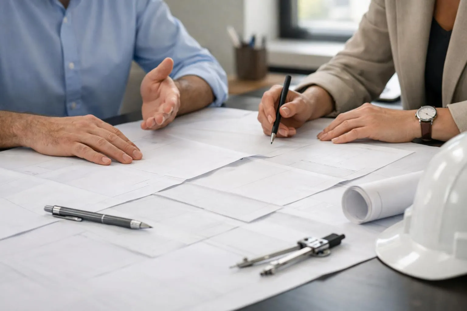 Deux personnes signant un document officiel sur un bureau.