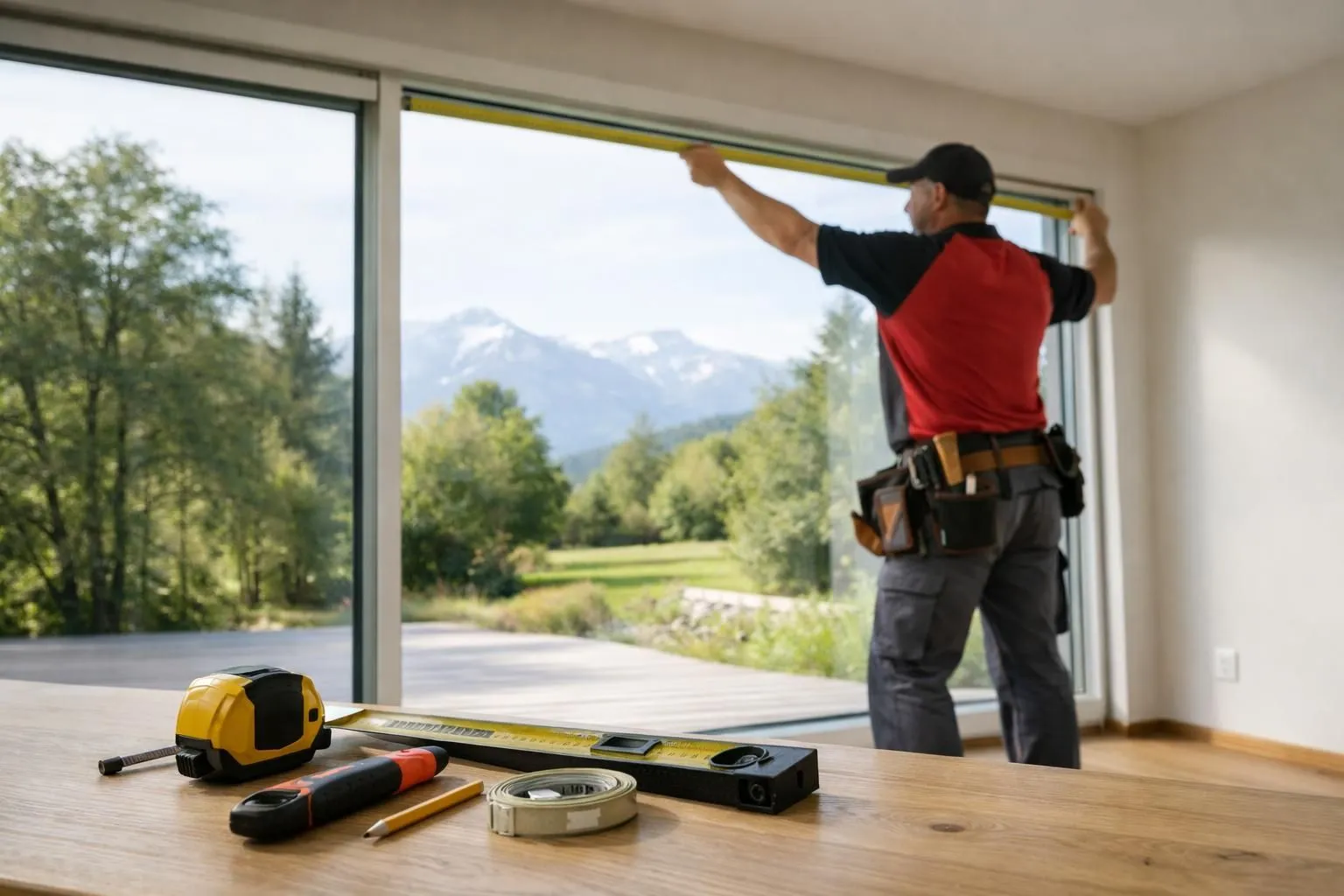 Artisan professionnel mesurant une fenêtre pour installer des stores extérieurs sur une maison contemporaine suisse avec volets roulants, outils de mesure visibles, sans texte ni logo