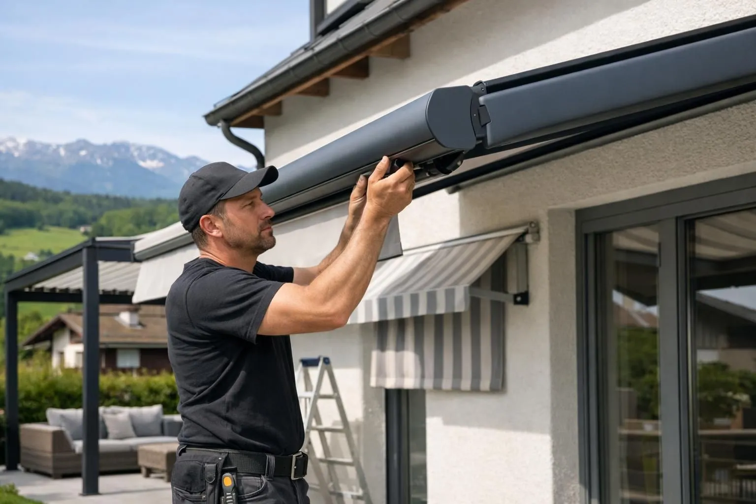 Un artisan professionnel installe une nouvelle marquise sur la terrasse d'une maison suisse, mesurant avec précision et ajustant sur mesure, avec différents modèles de stores et de systèmes d'ombrage visibles à l'arrière-plan, dans une scène de lumière du jour éclatante.