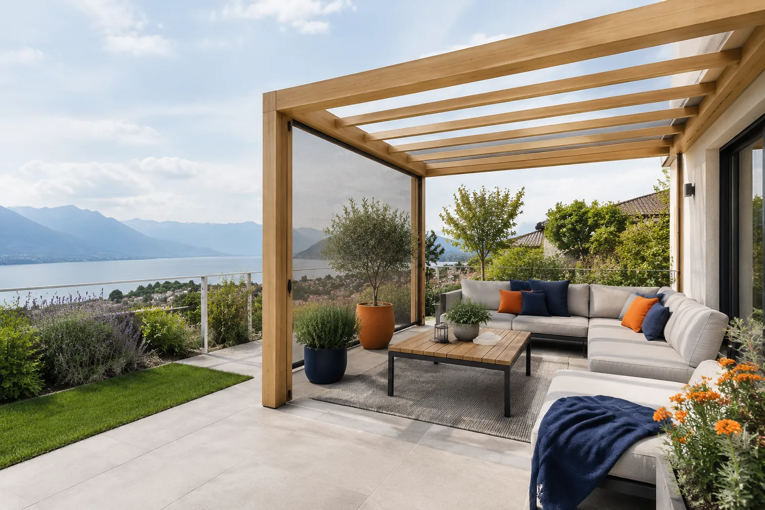 Terrasse couverte avec vue sur lac et montagnes alpines