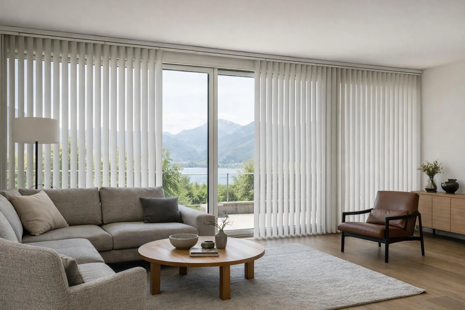 Salon moderne avec vue panoramique sur un paysage montagneux.
