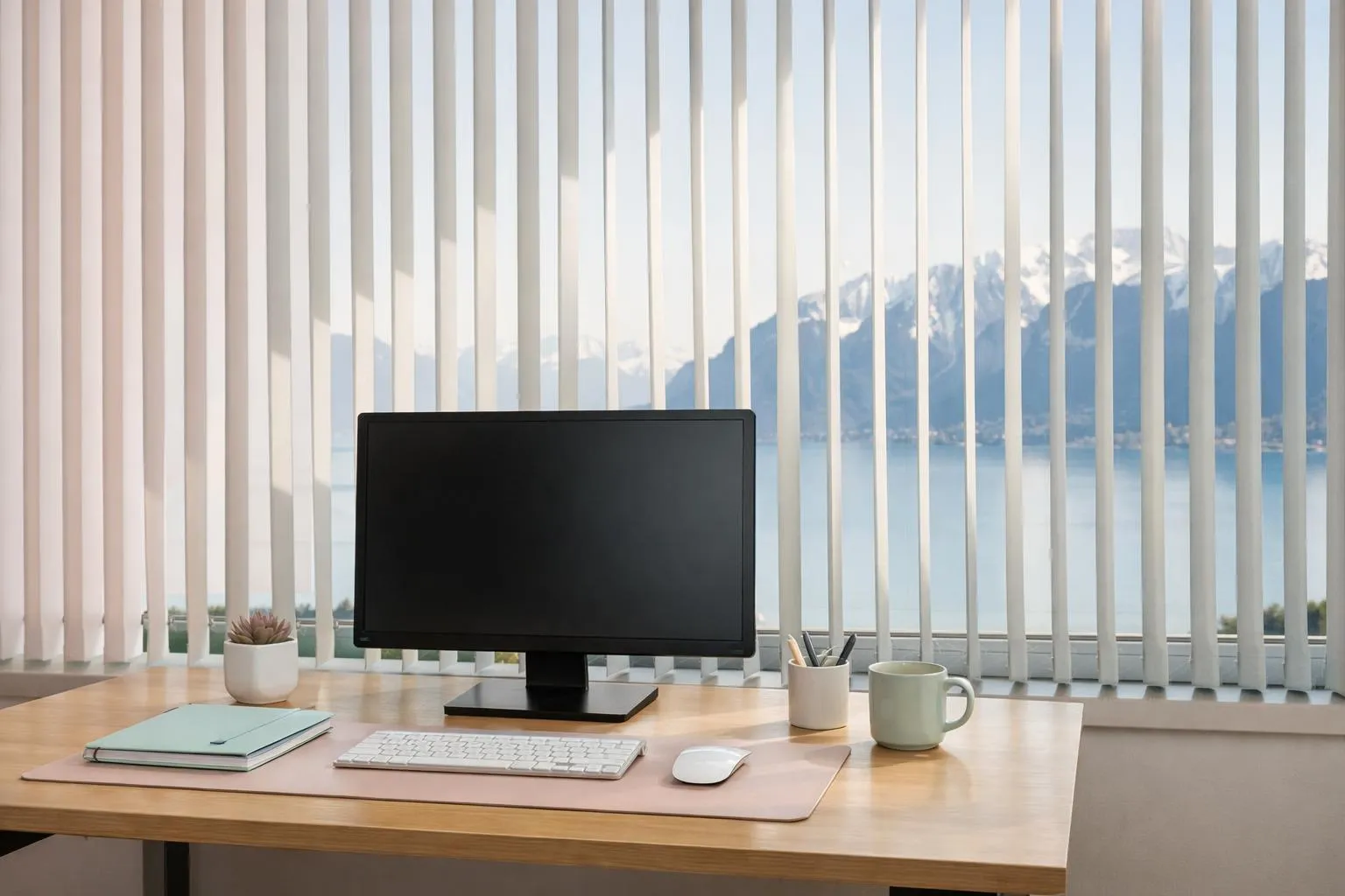 Bureau de travail avec ordinateur, tasse et plantes devant une fenêtre panoramique.