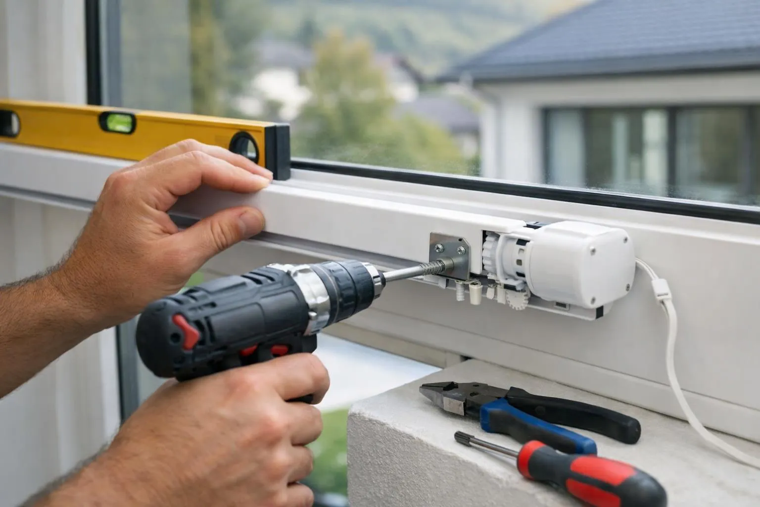 Réparation et installation de fenêtre avec outils électriques.
