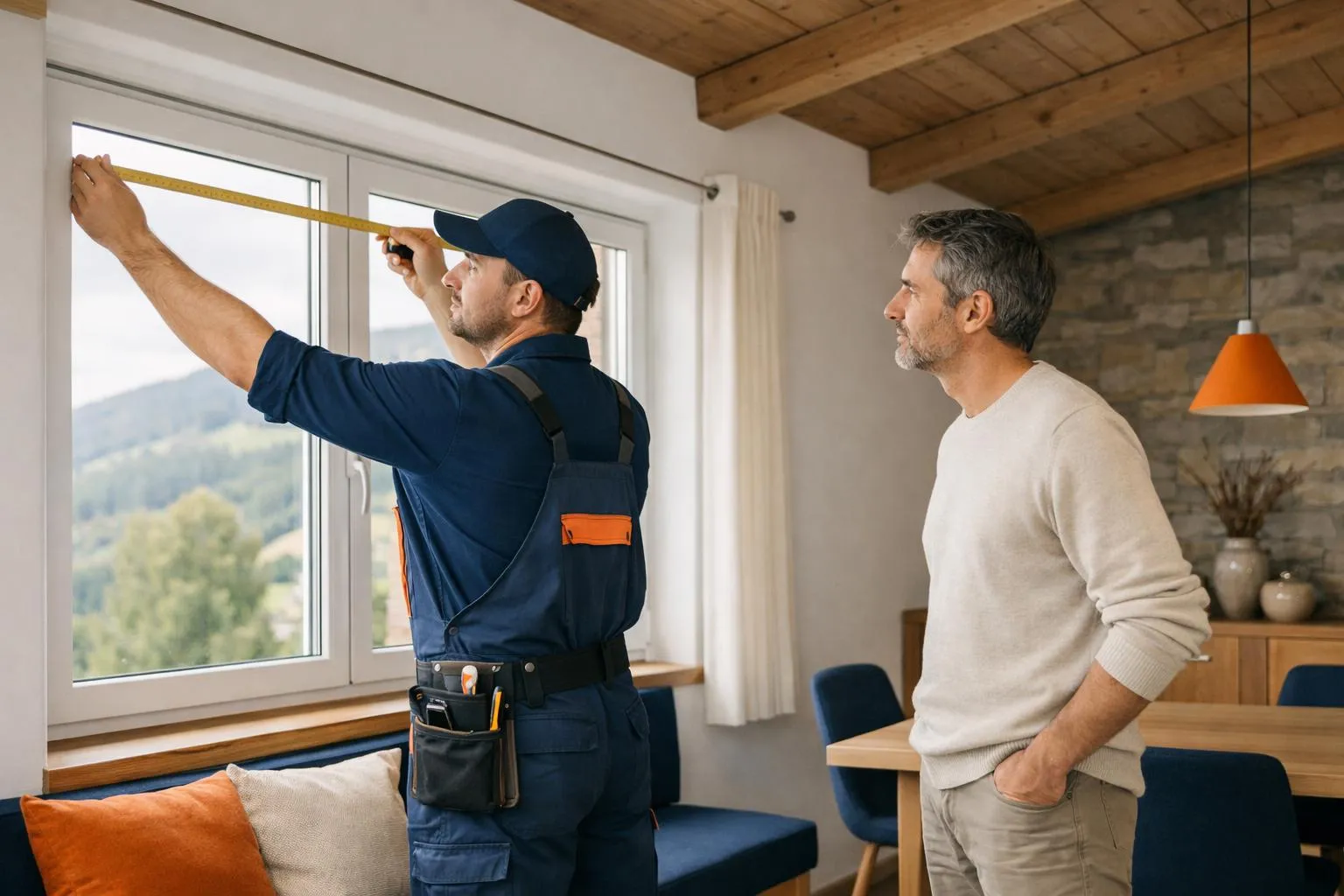 Ouvrier installant une fenêtre dans un intérieur moderne.