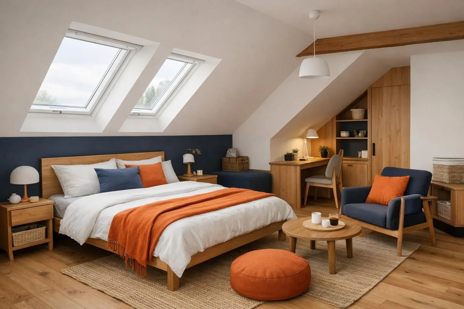 Une chambre de grenier moderne avec un plafond incliné et une fenêtre de toit, laissant filtrer la lumière naturelle, un mobilier confortable, un design scandinave épuré, des tons de bois chaleureux, un espace de vie pratique sous le toit, un style intérieur suisse.