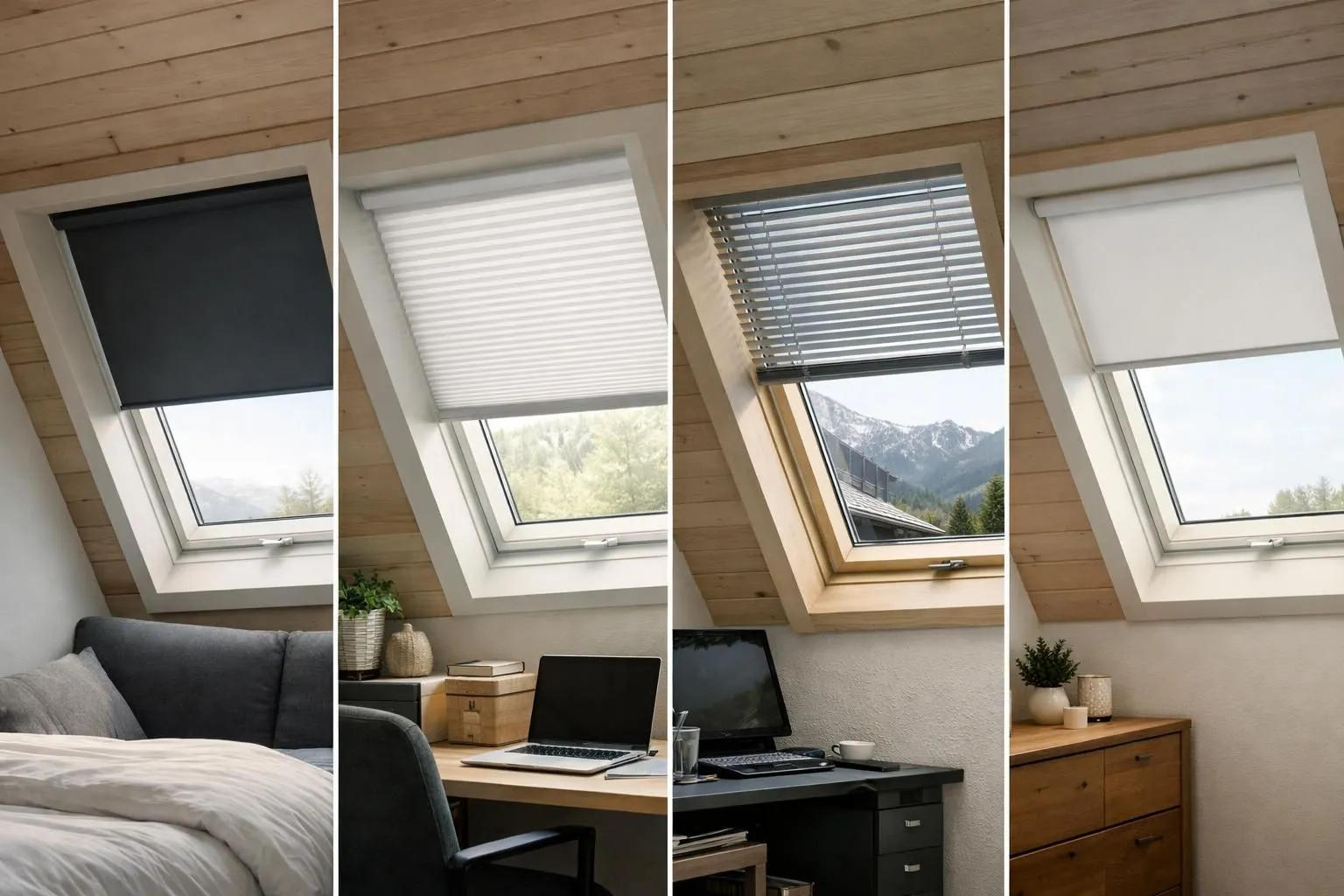 Intérieur suisse moderne avec cinq types de stores pour fenêtres de toit Velux - store enrouleur occultant dans la chambre, store plissé dans le salon, store vénitien dans le bureau, store extérieur visible depuis la fenêtre, et store enrouleur basique.