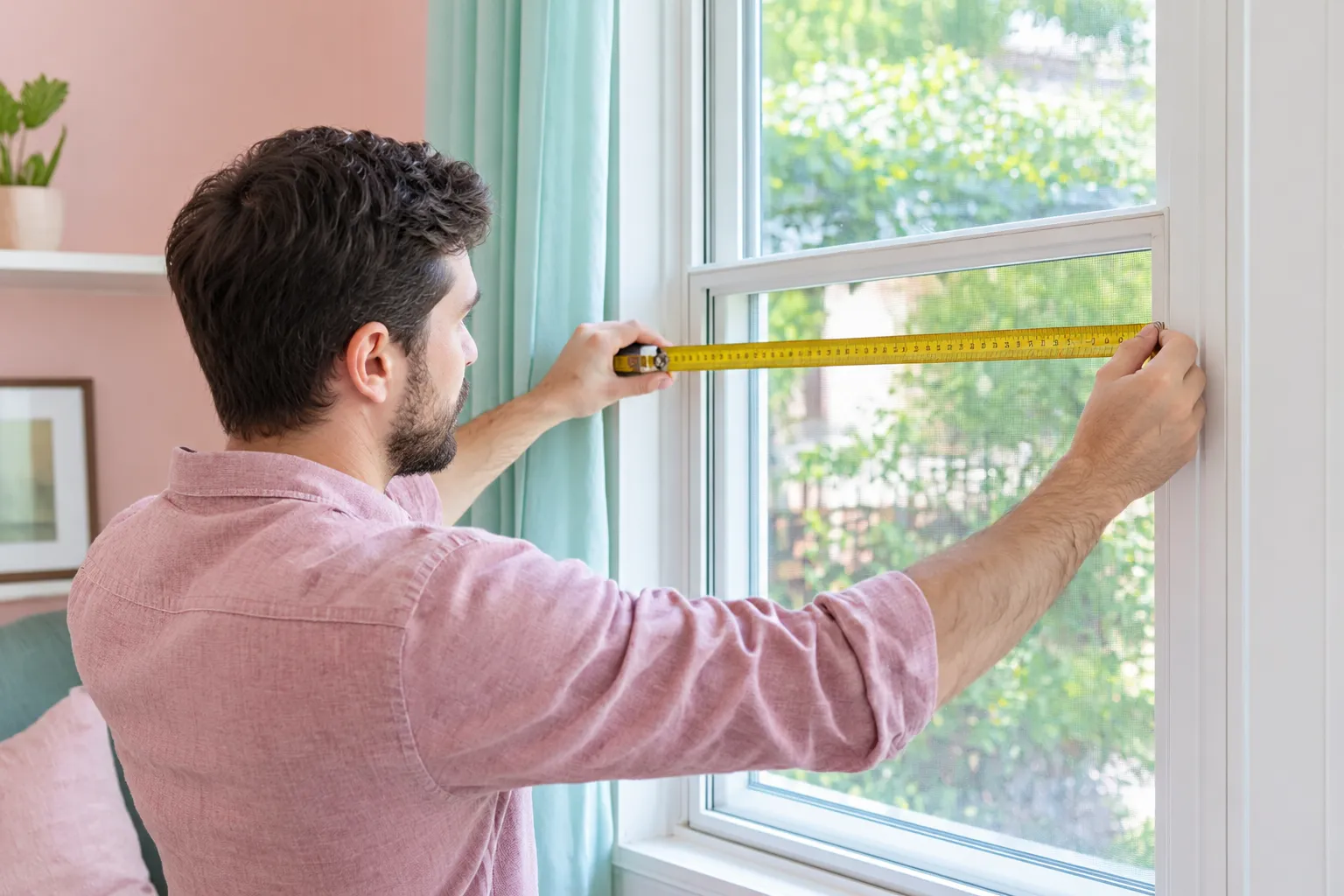 Homme mesurant la largeur d’une fenêtre avec un mètre ruban