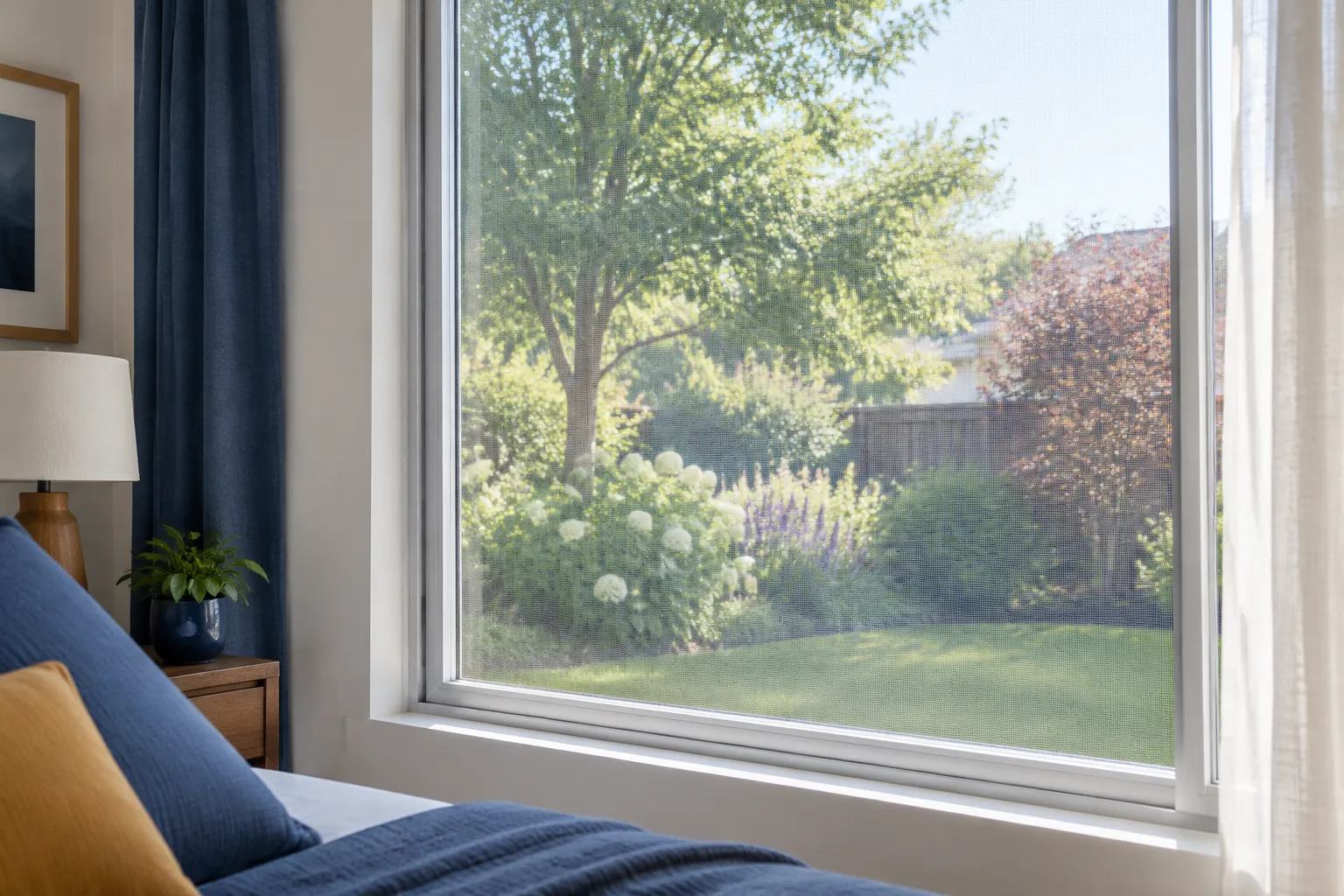 Chambre bleue donnant sur un jardin fleuri ensoleillé