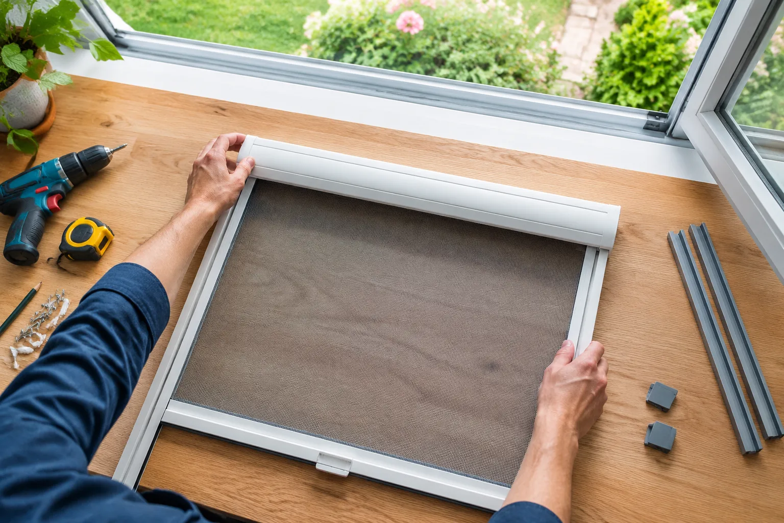 Installation d’une moustiquaire de fenêtre avec perceuse et outils