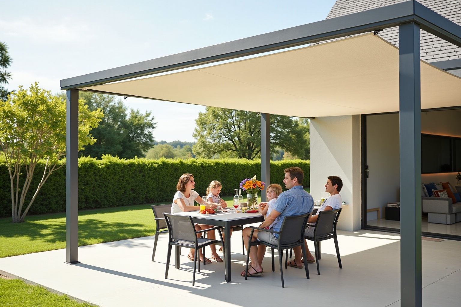 Famille profitant d'un repas en plein air sous un auvent dans un jardin verdoyant.