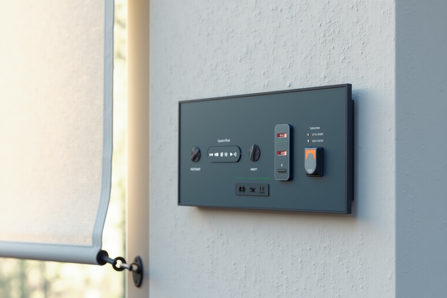 Panneau de commande mural gris avec boutons et indicateurs lumineux.