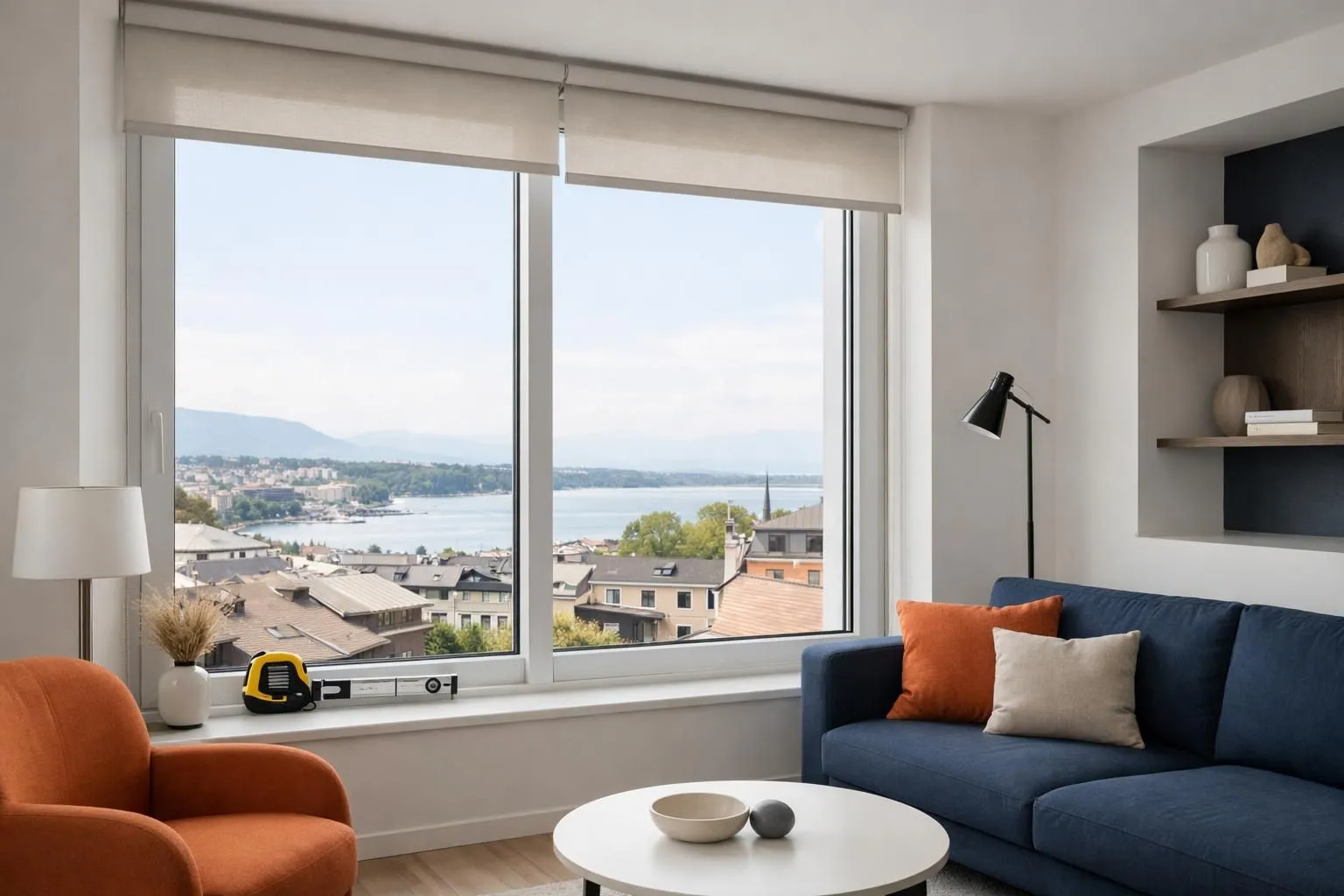 Professionnel mesurant les dimensions d'une fenêtre pour des stores intérieurs sur mesure dans un appartement genevois lumineux, mètre ruban contre le cadre de la fenêtre, lumière du jour naturelle, design intérieur suisse moderne, sans texte ni étiquette visible.