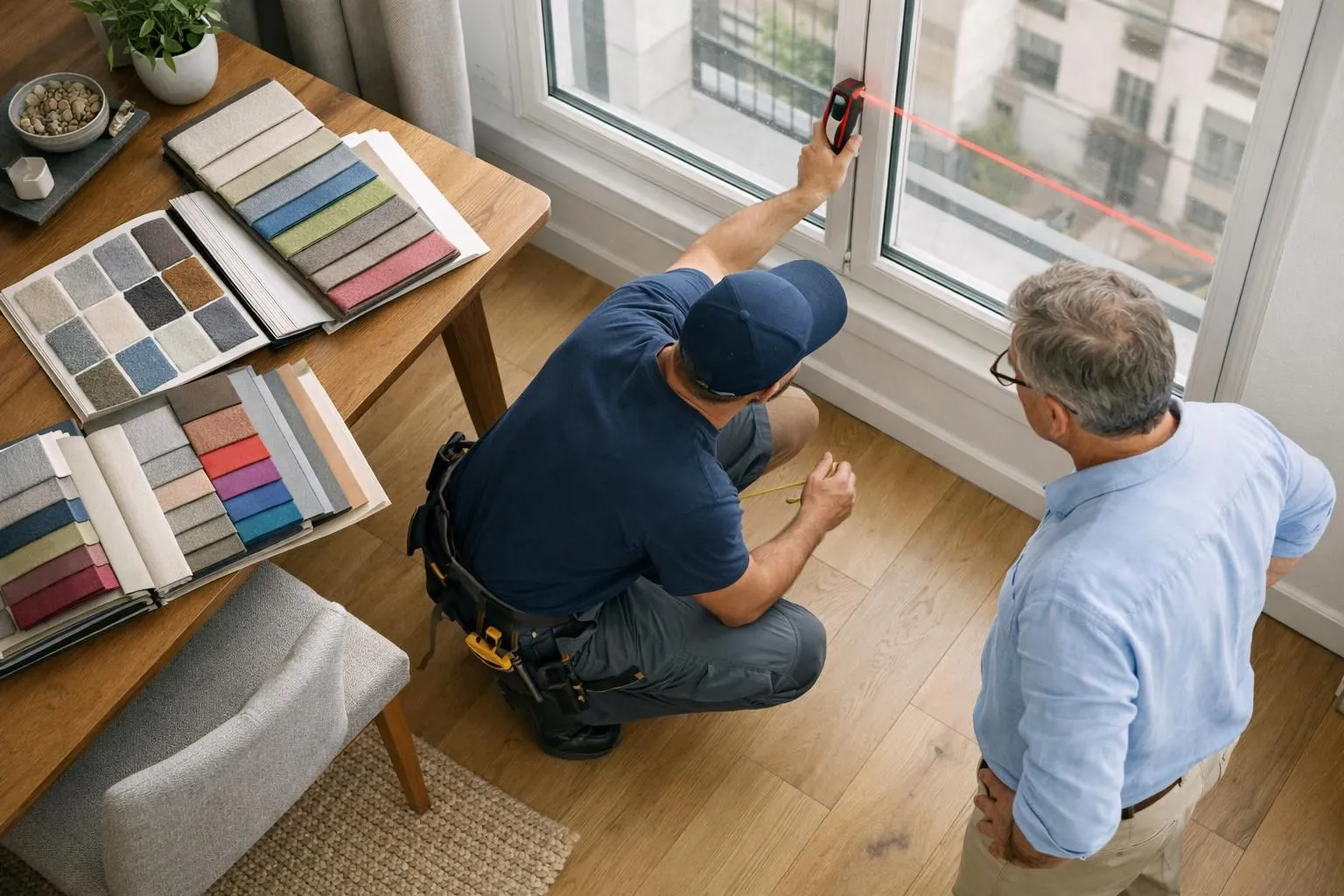 Un installateur professionnel mesure les dimensions d'une fenêtre avec un laser dans un appartement genevois moderne, le propriétaire d'âge mûr observe attentivement, des échantillons de tissus sur la table, la lumière du jour naturelle à travers de grandes fenêtres, une atmosphère de consultation de conf