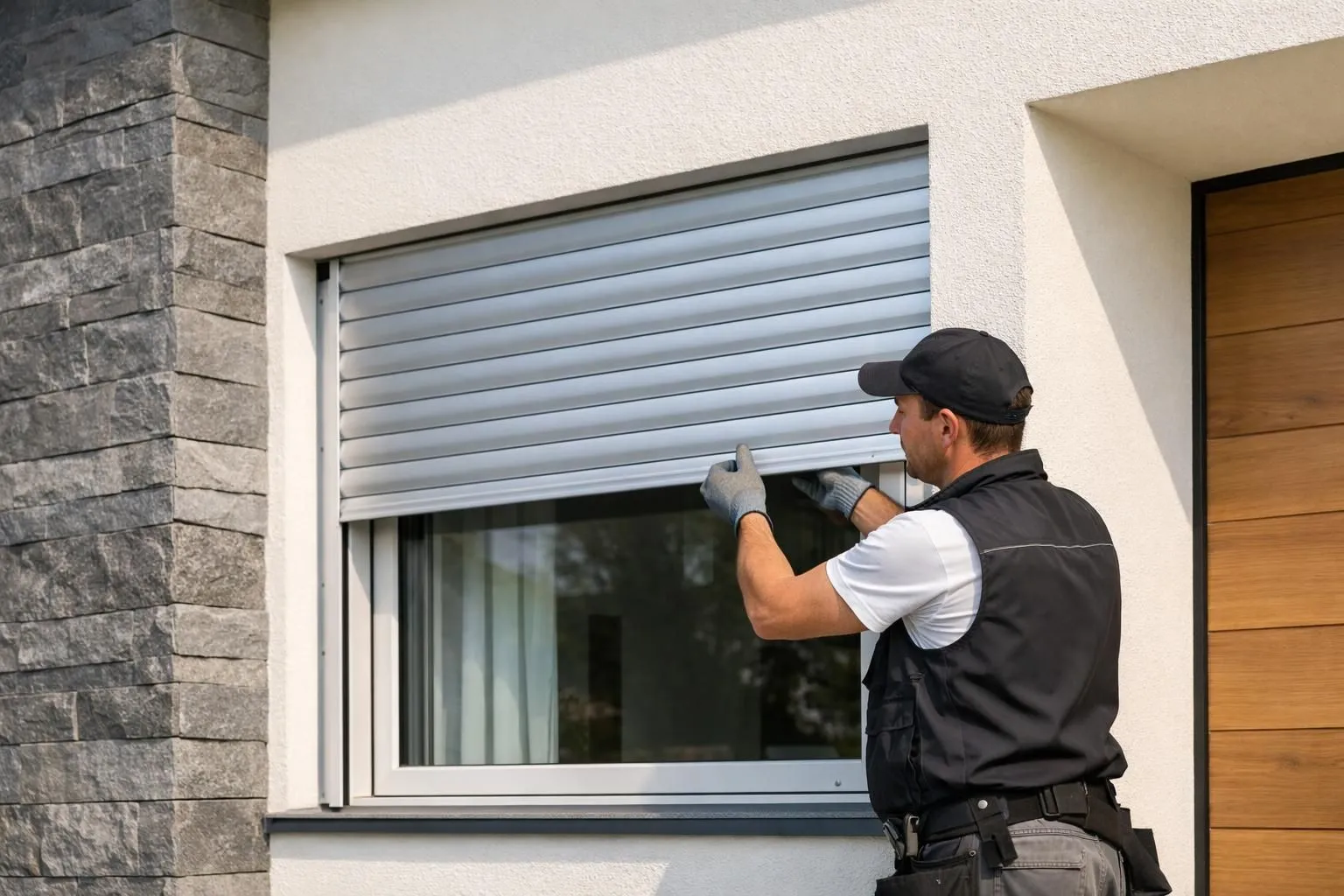 Close-up of a professional installer fitting new aluminum roller shutter slats onto existing window frame of a Swiss residential building, showing renovation technique, natural daylight, clean modern exterior wall