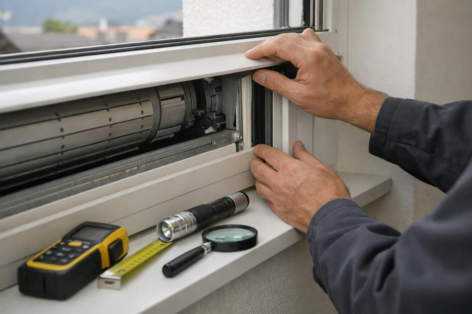 Professional technician examining old window frame with roller shutter mechanism, close-up of hands holding measuring tools and inspection equipment, Swiss residential interior with natural light, focus on diagnostic process for volet roulant rénovation assessment