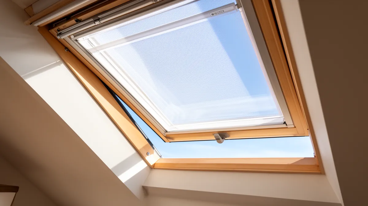 Fenêtre de toit en bois avec ciel bleu visible.