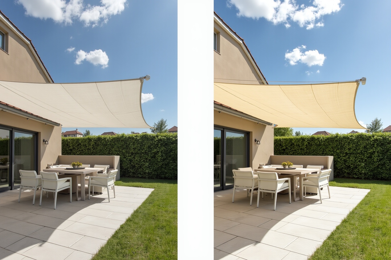 Terrasse extérieure avec mobilier de jardin, parasols et haie végétale.