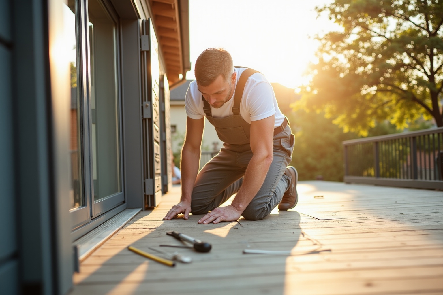 Homme en salopette réparant le plancher de la terrasse.
