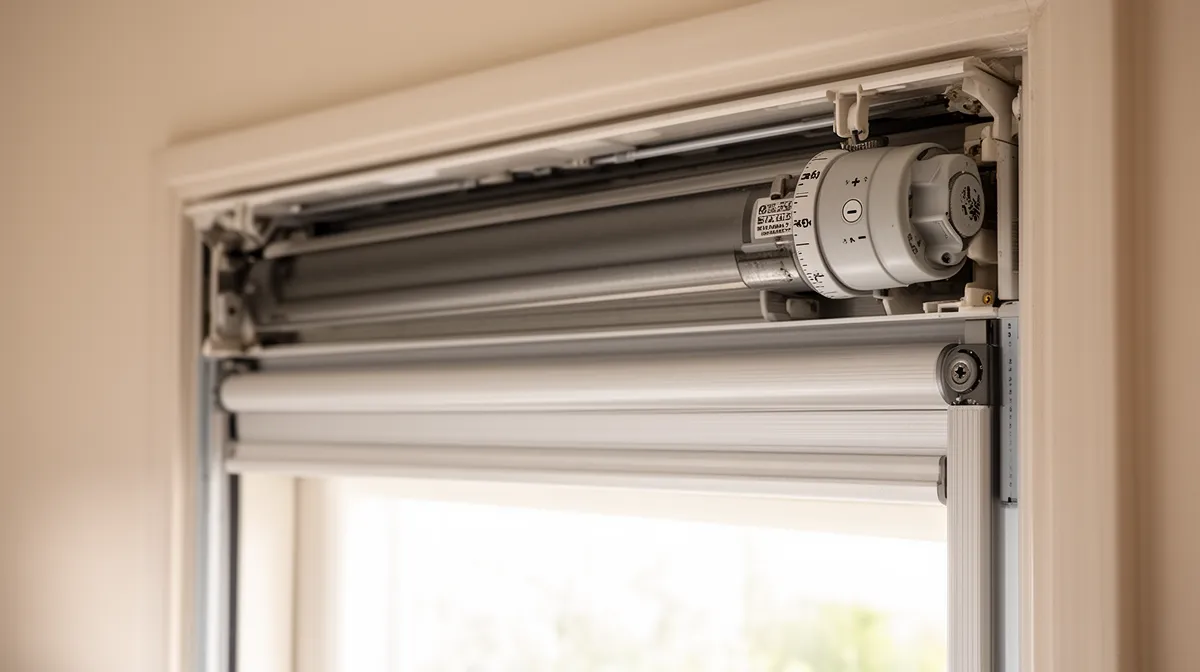 Mécanisme de porte de garage avec moteur électrique et système de contrôle.