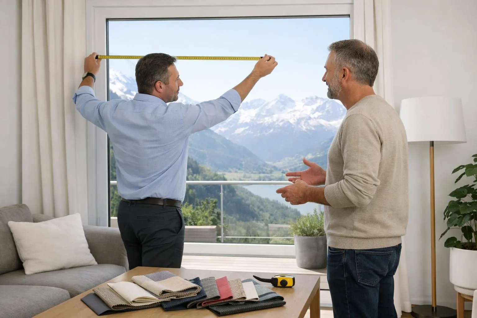 A professional consultant measuring a window frame with precision tools while discussing with a homeowner in a bright Swiss living room, natural daylight streaming through the window, realistic consultation scene showing fabric samples and measurement tape, modern interior with Alpine view visible outside