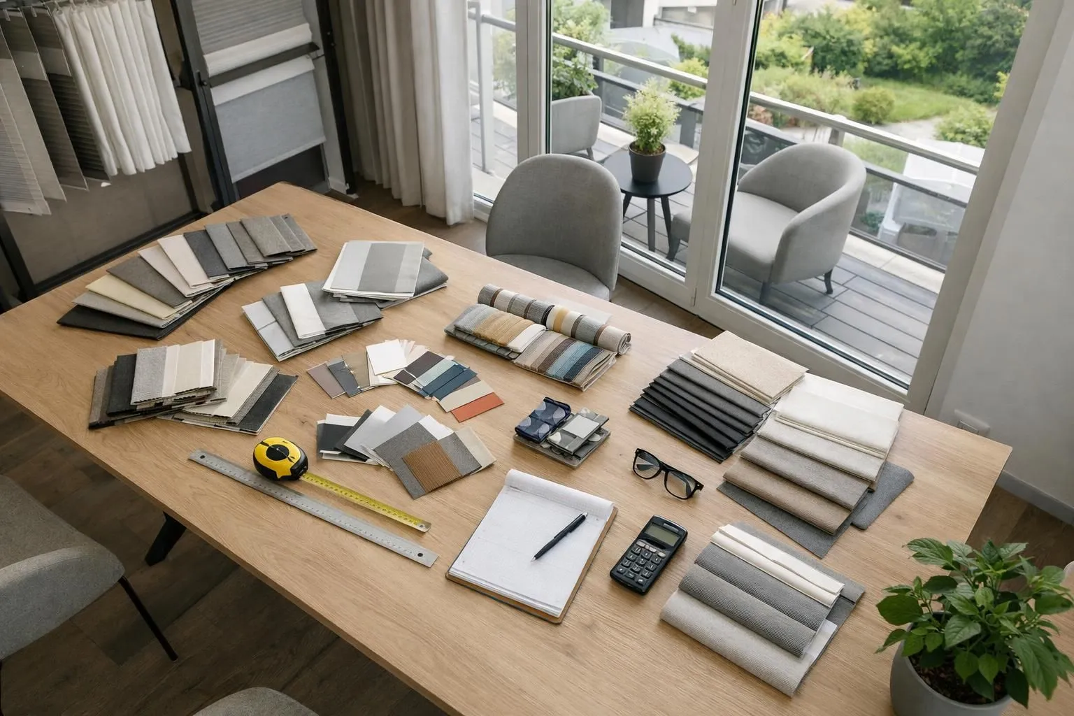 Professional window treatment consultant in modern Swiss showroom meeting with homeowners, displaying fabric samples and technical specifications for vis-à-vis privacy screens, bright natural lighting, contemporary Romandie interior design, consultation table with material swatches and measurement tools