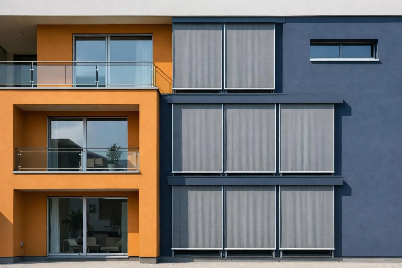 Façade d'un immeuble résidentiel suisse moderne avec un système de stores verticaux, architecture contemporaine épurée, protection solaire pratique, éclairage naturel de jour, style photo d'architecture professionnelle, sans texte ni étiquette.