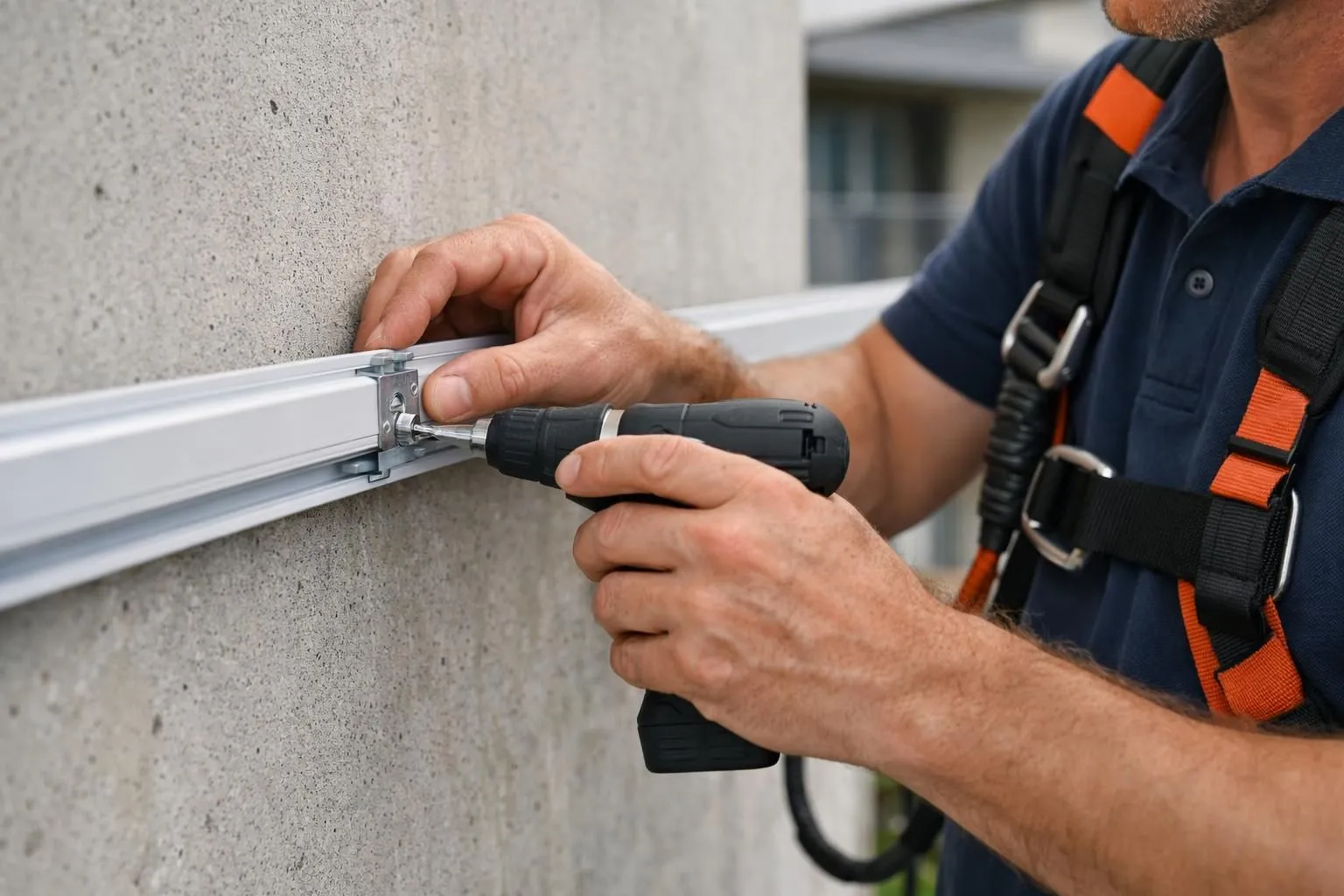 Un installateur professionnel en harnais de sécurité montant un système de rail de store vertical sur la façade d'un bâtiment résidentiel suisse moderne, perçant dans un mur en béton, équipement technique visible, scène d'installation de jour, sans texte ni étiquette.