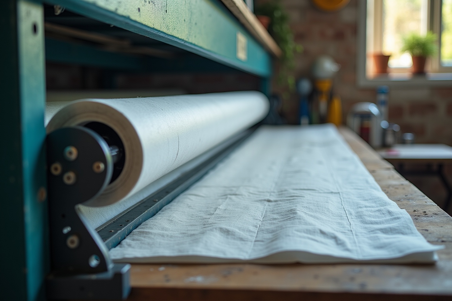 Rouleau de papier blanc sur un établi dans un atelier.