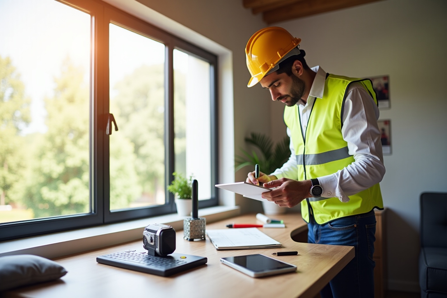 Ouvrier du bâtiment en tenue de sécurité, prenant des notes sur un chantier.