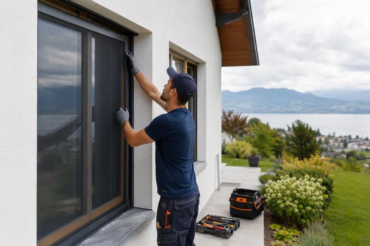 Technicien installant une moustiquaire sur fenêtre, vue lacustre.
