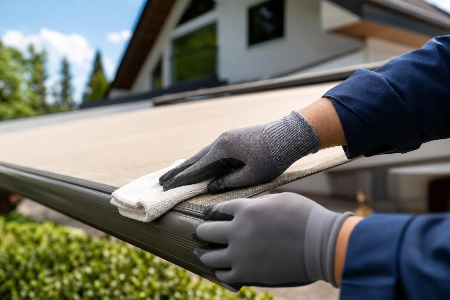 Mains gantées nettoyant une fenêtre de maison en bois.