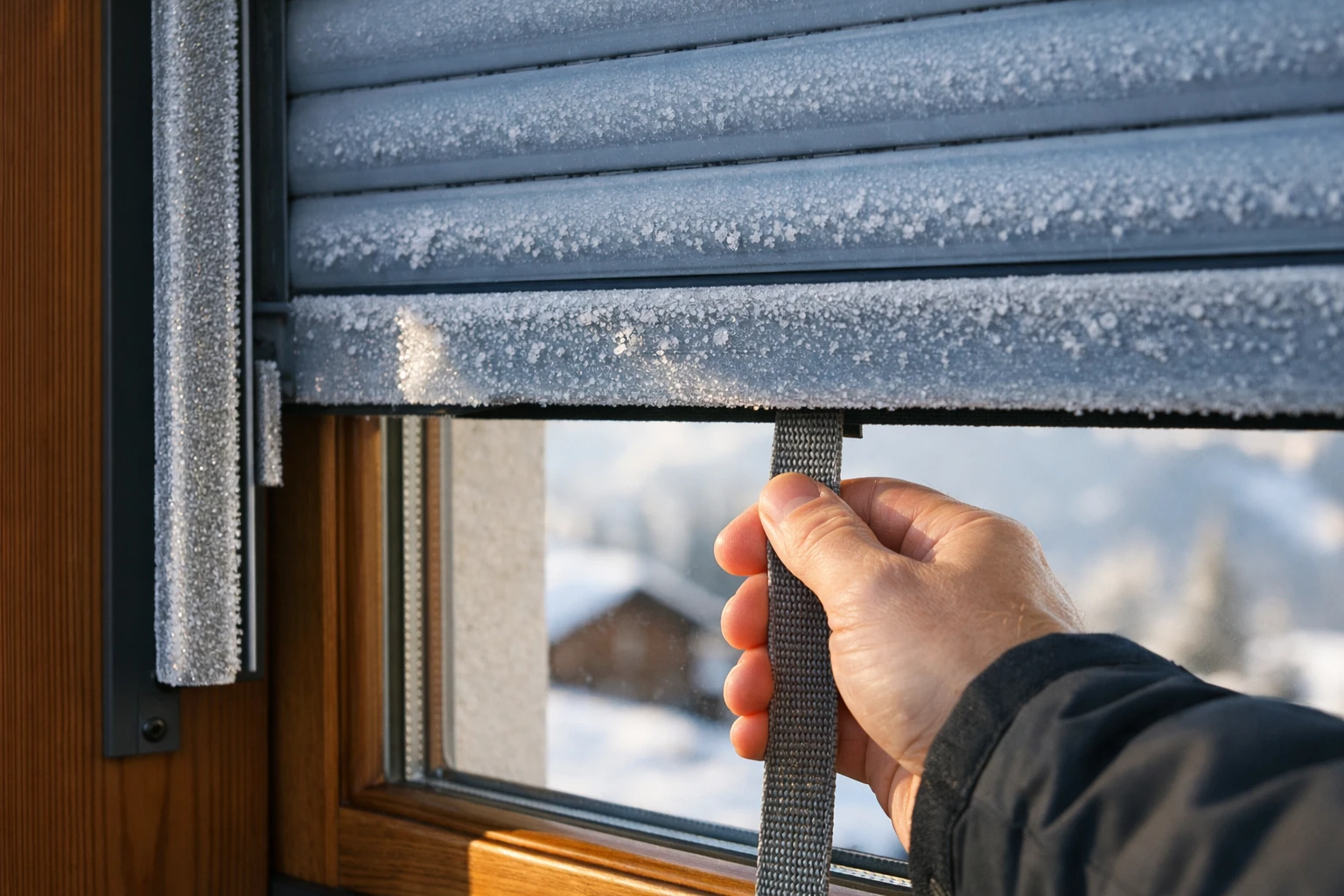 Close-up of frozen roller shutter stuck halfway on Swiss chalet window with visible ice crystals on metal guide rails, homeowner's hand testing manual operation strap in morning light