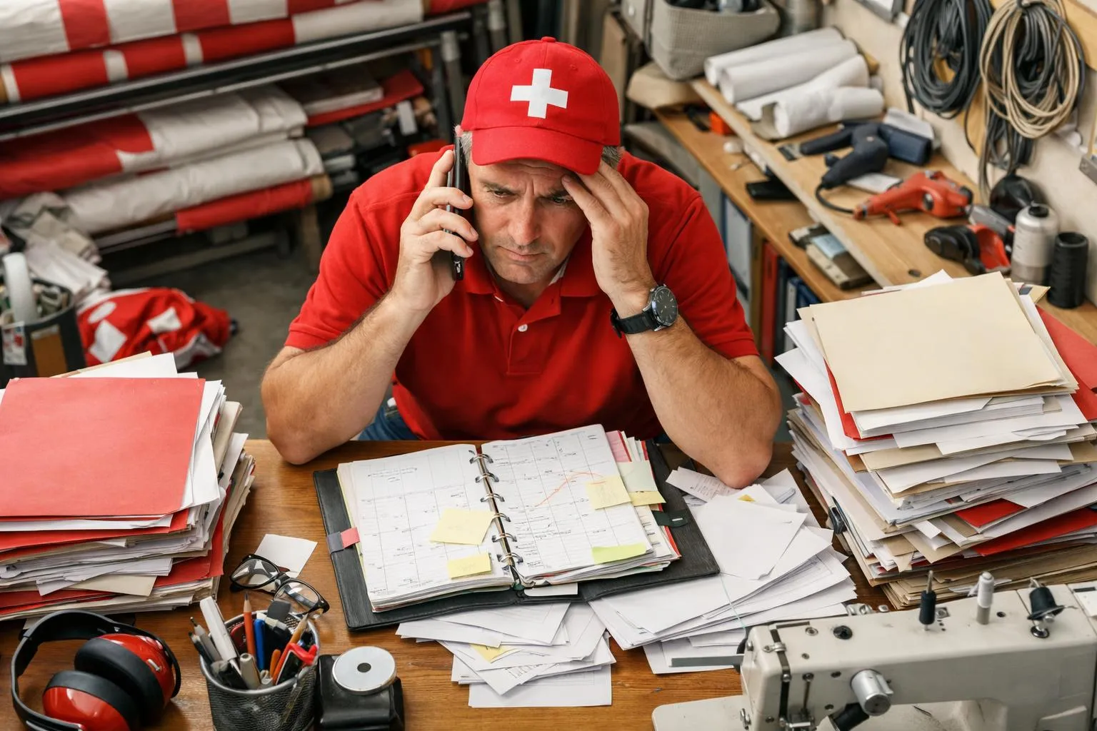 Homme en uniforme rouge de secouriste, stressé au téléphone dans un environnement encombré.