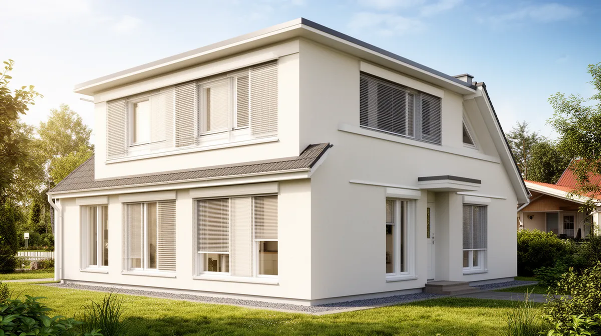 Maison moderne à deux étages avec fenêtres et volets.
