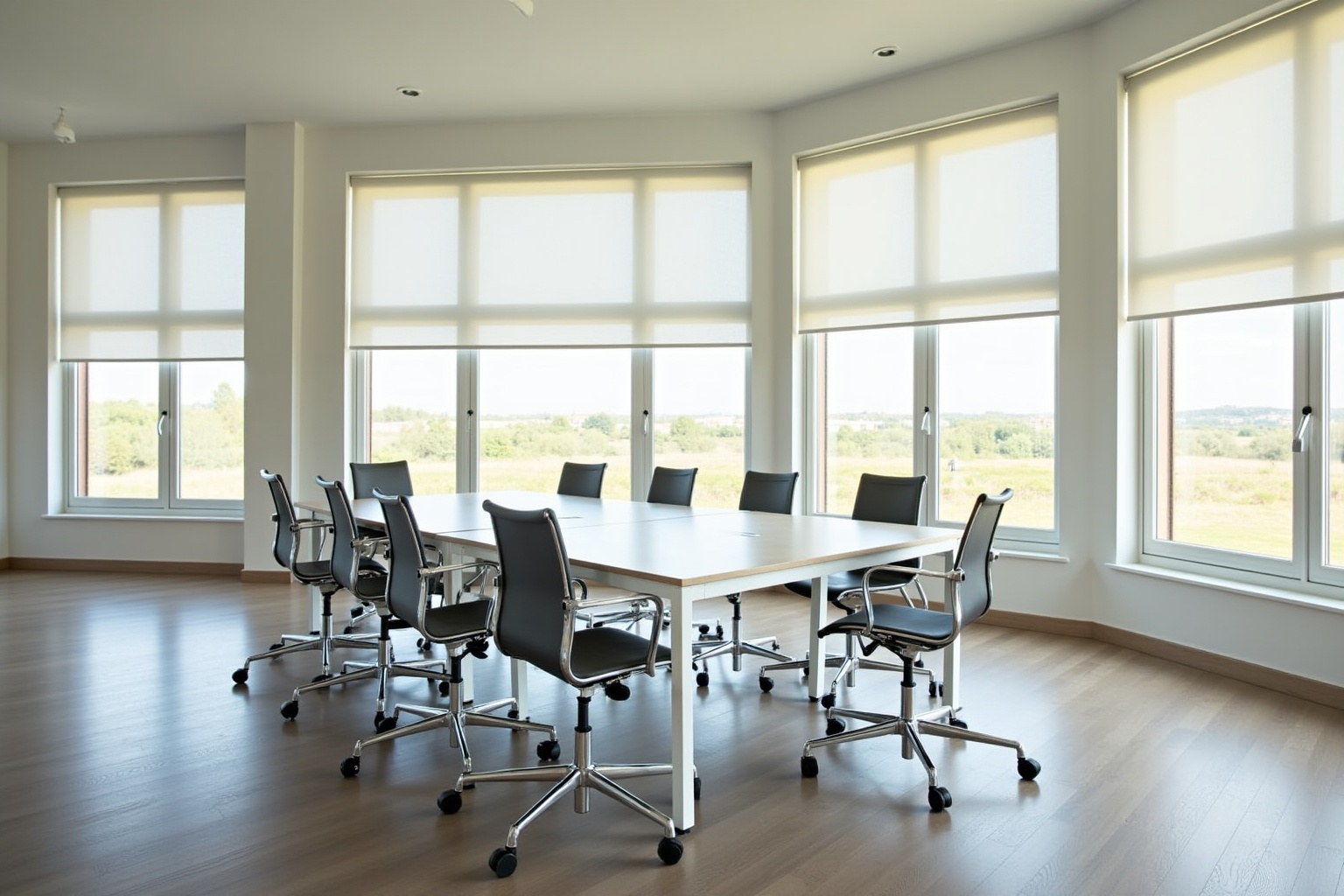 Salle de réunion moderne avec grandes fenêtres, table de conférence et chaises de bureau.