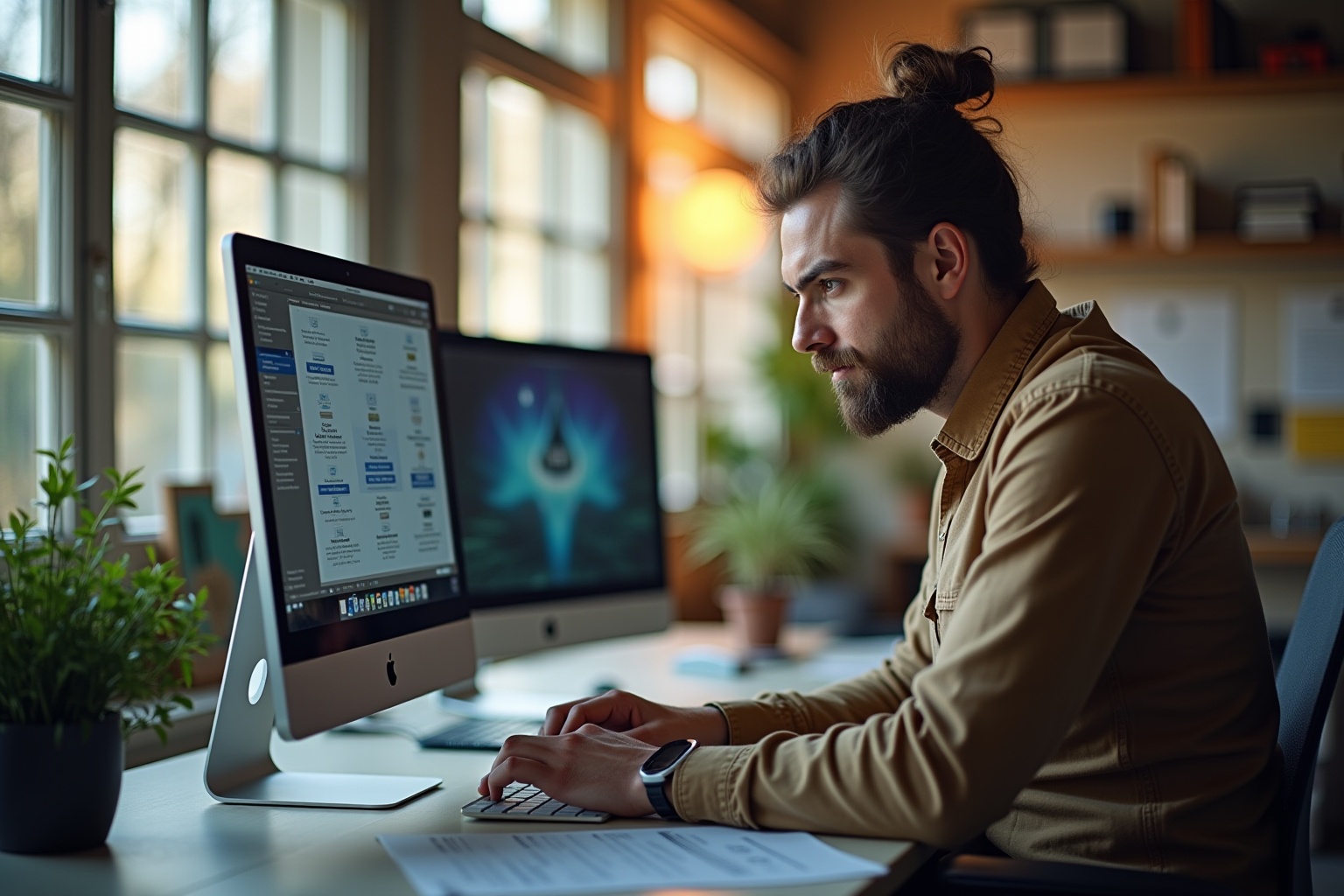 Homme barbu travaillant sur un ordinateur dans un bureau lumineux.