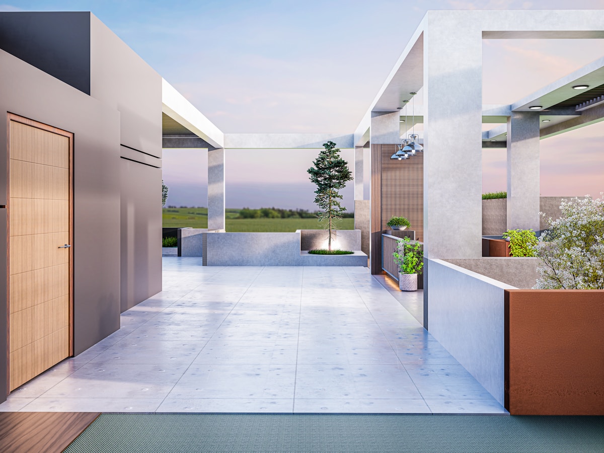Entrée moderne avec vue panoramique sur la nature.